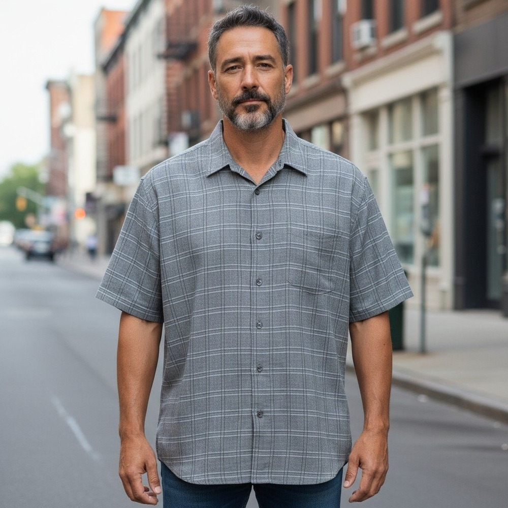 Cubavera Mens 2X Gray Linen Cotton Grid Short Sleeve Button Down Shirt